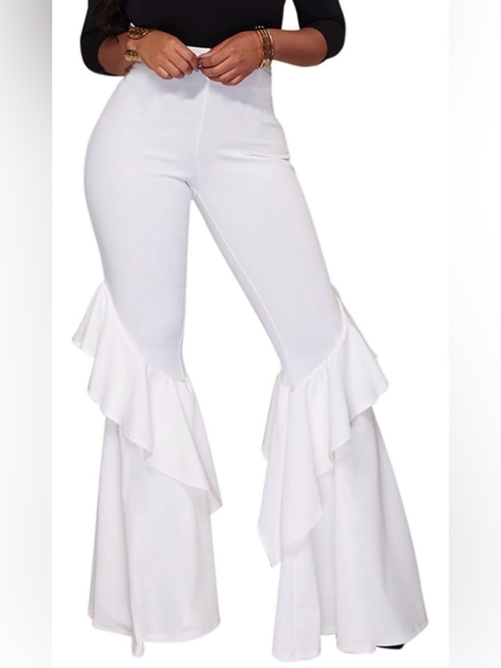 GUOLEZEEV Womens High Waisted Ruffle Flare Fit Pants, White Wide Leg Trousers